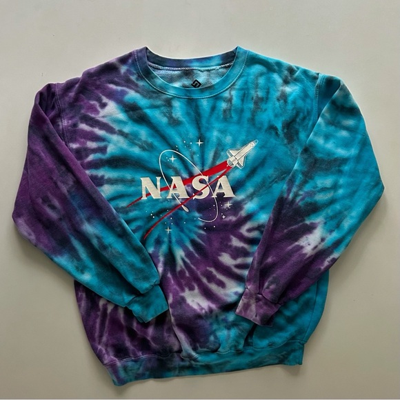 Source Unknown Tops - NASA Tie-Dye Crewneck Sweatshirt Teal Purple Graphic Size M/L